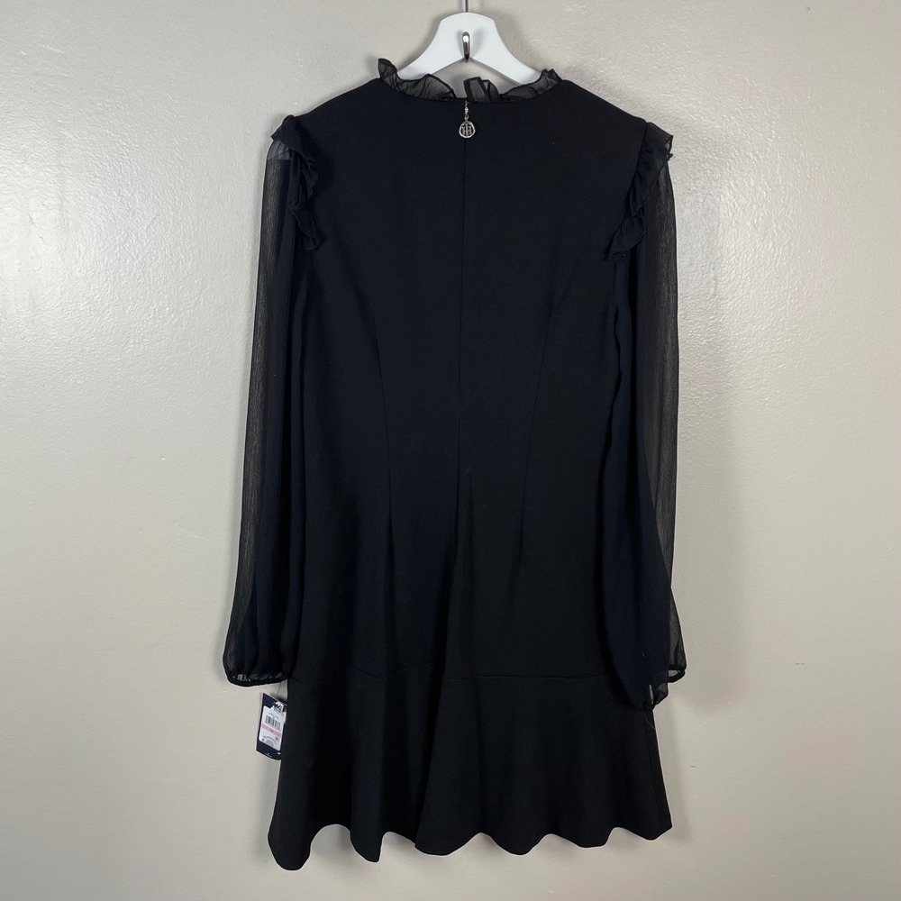 Tommy Hilfiger Women's 10 Shift Dress Black Sheer Sleeve Ruffle NEW - Picture 2 of 11